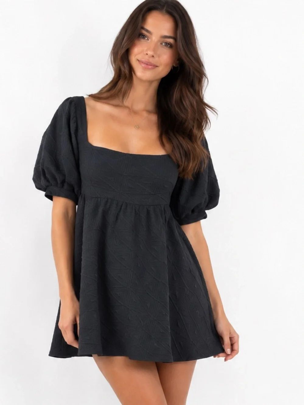 Free People Black Textured DressPuff Sleeve Mini Babydoll SZ XS